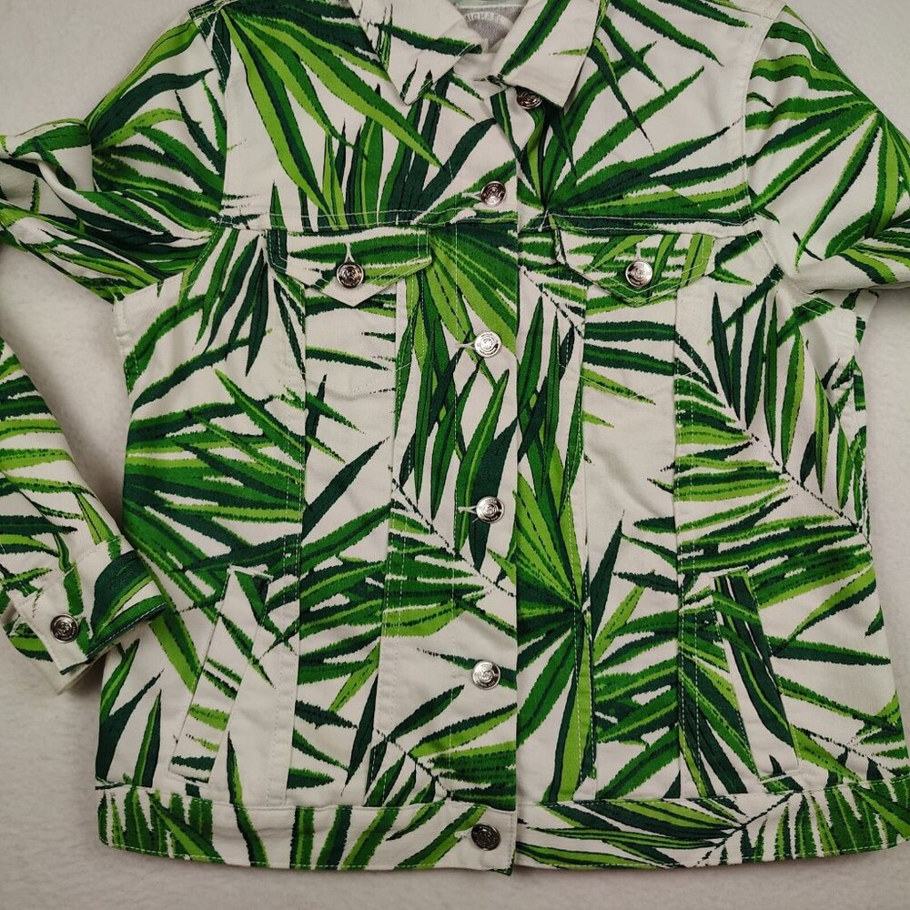 Michael Kors Denim Jacket Womens 4 White Green Palm Leaf Print - Picture 8 of 12